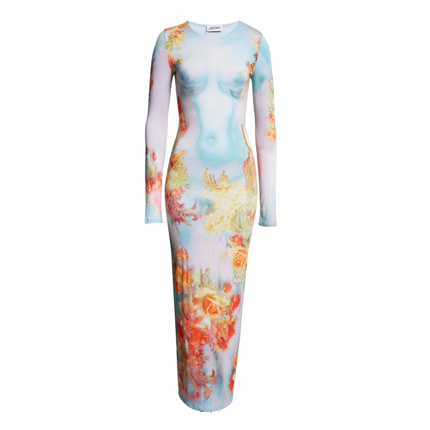 Jean Paul Gaultier Printed Body Flowers Long Sleeve Dress in Blue & Yellow