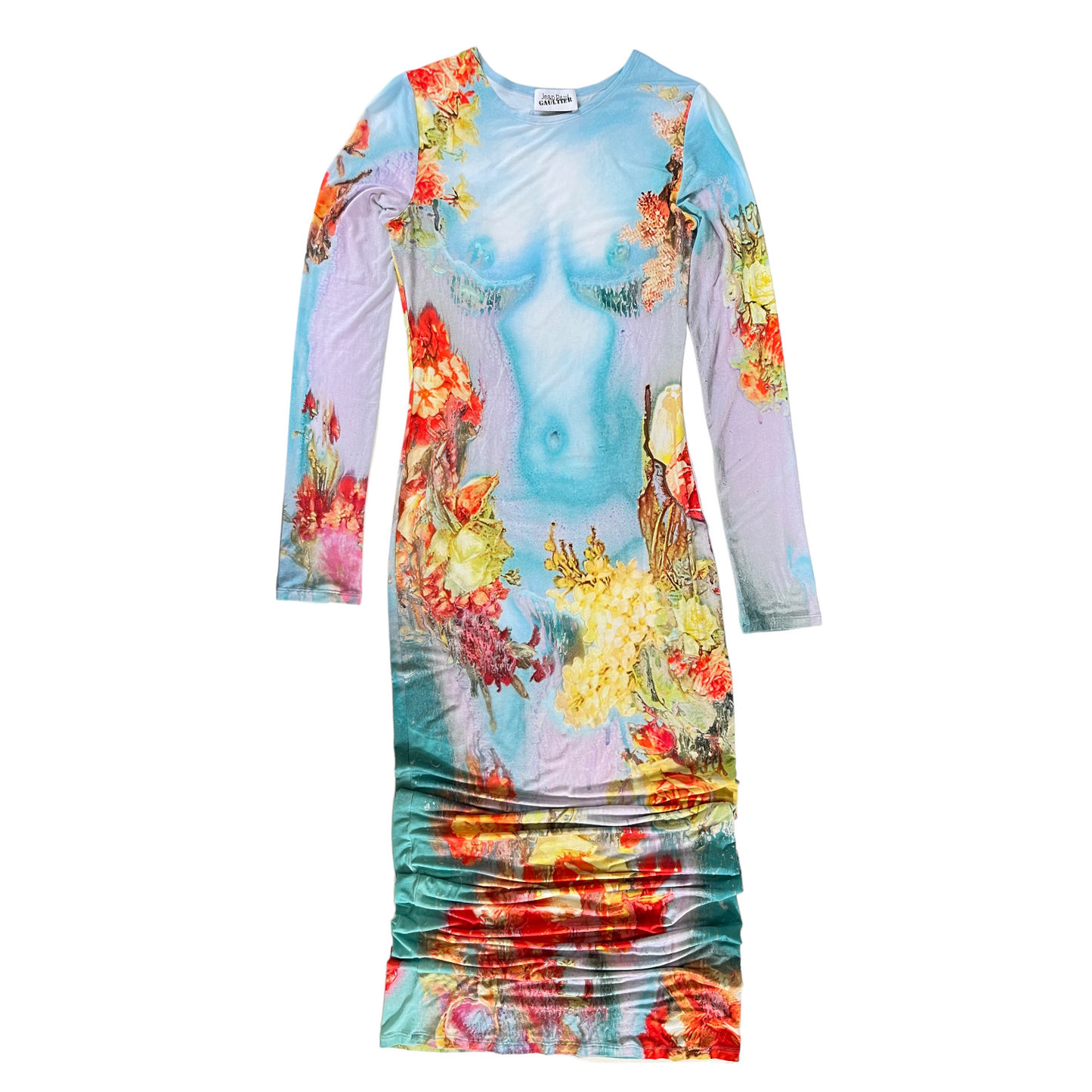 Jean Paul Gaultier Printed Body Flowers Long Sleeve Dress in Blue & Yellow