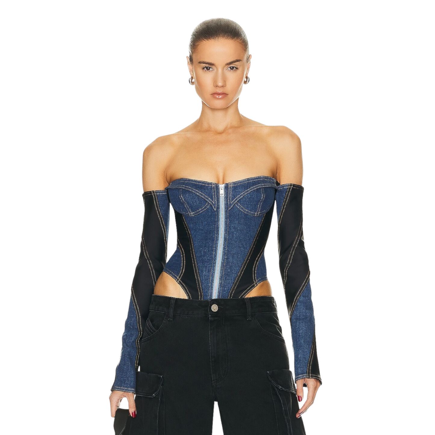 Mugler Corset Bodysuit in Medium Blue & Black