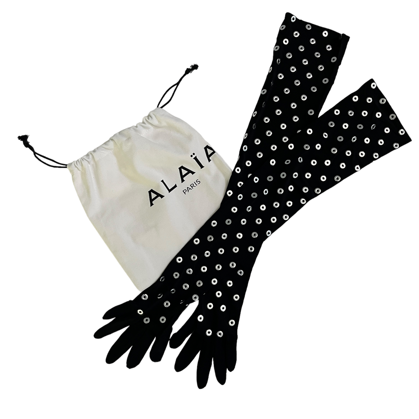ALAÏA Eyelet Gloves in Noir & Argent