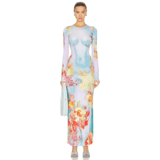 Jean Paul Gaultier Printed Body Flowers Long Sleeve Dress in Blue & Yellow