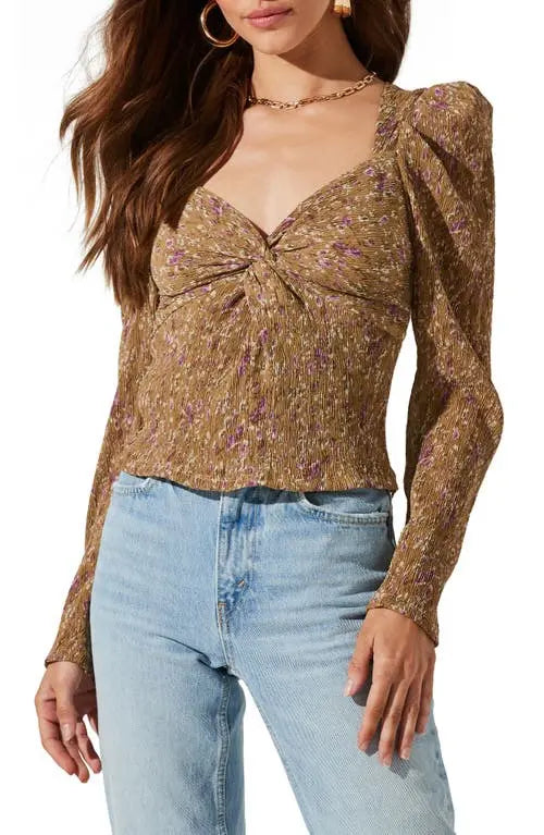 ASTR THE LABEL Twist Front  Mustard Floral Top  M