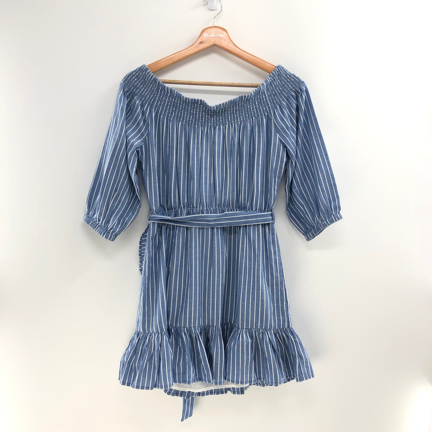 Tularosa Maida Ruffle Dress in Blue & White Stripe S