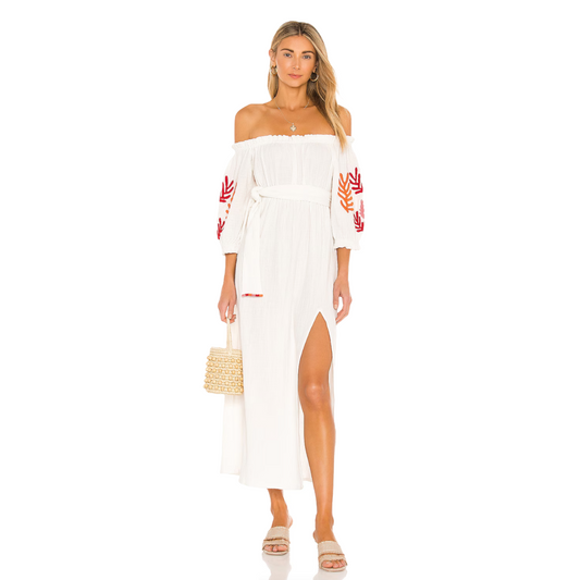Sundress Poly Dress in Tulum White & Mix Red Embroideries